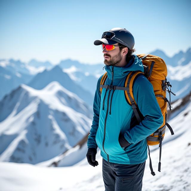 A hiker in a technical jacket from the Summit Series collection on a snowy peak with clear skies.