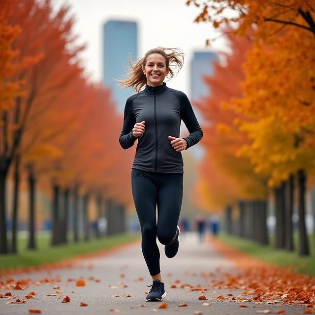 A person jogging gracefully through a vibrant city park during autumn, wearing sleek apparel from the Urban Trail collection.